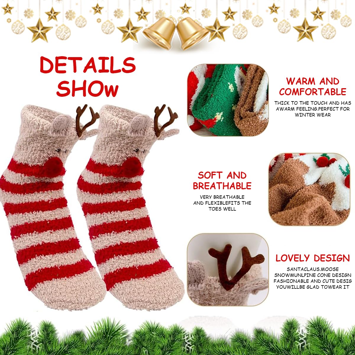 GUSTAVE® 5 pairs Christmas Socks Cute Christmas Floor Socks Winter Warm Socks Home Floor Socks Coral Velvet Socks Warm Winter Thermal Socks Ankle Socks Christmas Gift with Gift Box