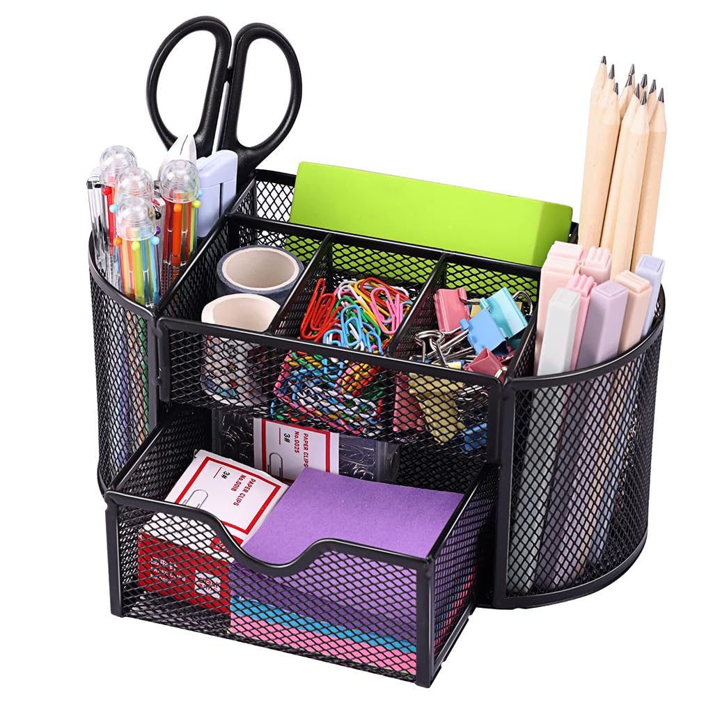 Zibuyu Metal Mesh Desk Organizer for Office and Home with Drawer and 8 Compartments | Black 22×11×10.5 cm