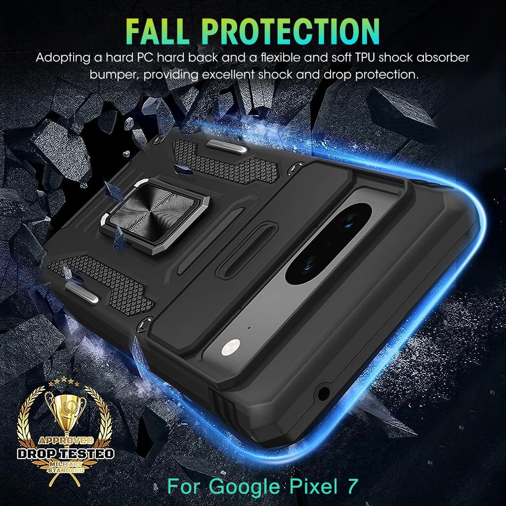 ZORBES Phone Case for Google Pixel 7 with 360° Ring Stand and Sliding Camera Cover Black