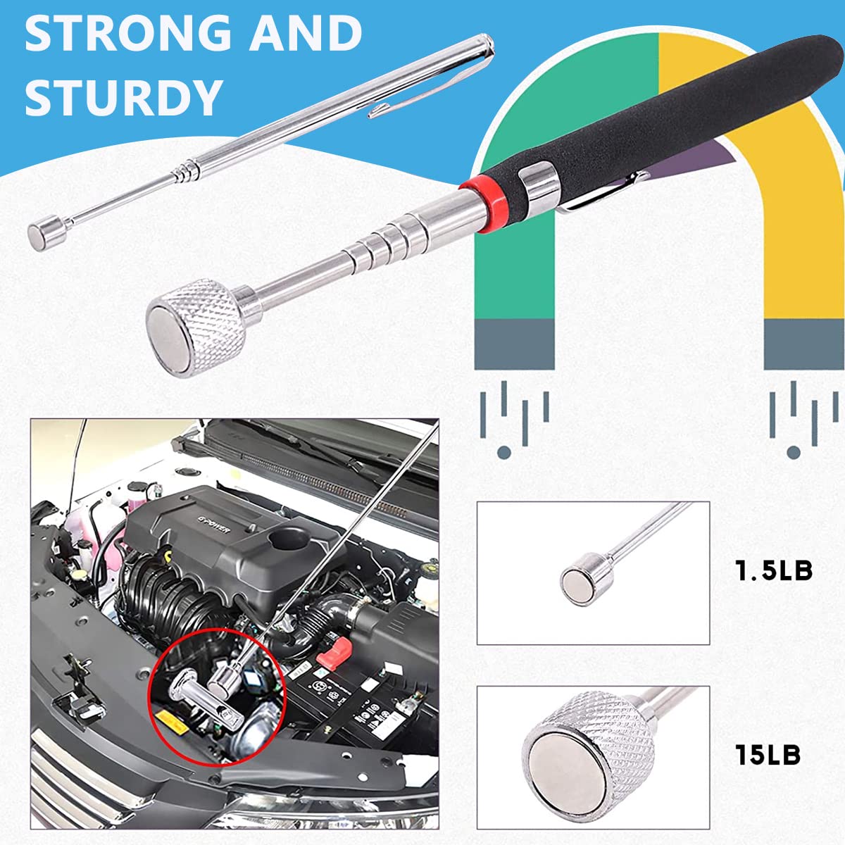 HASTHIP Magnetic Telescoping Pick Up Tool Set with 1lb to 15lb Rods and 360° Swivel Mirror | Ideal for Hard to Reach Places