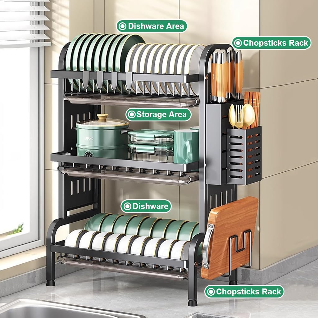 HASTHIP Kitchen Utensils Drying Rack for Storage with 3 Tier 63x42x24.5 cm Carbon Steel | Hook and Cutlery Holder