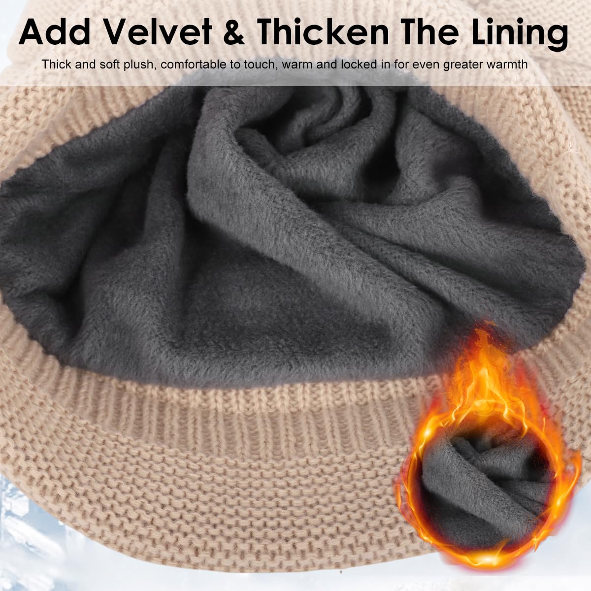 SANNIDHI Winter Cap for Women featuring Plush Lined Knit Fabric and Short Brim | Khaki Slouchy Beanie for Cold Weather