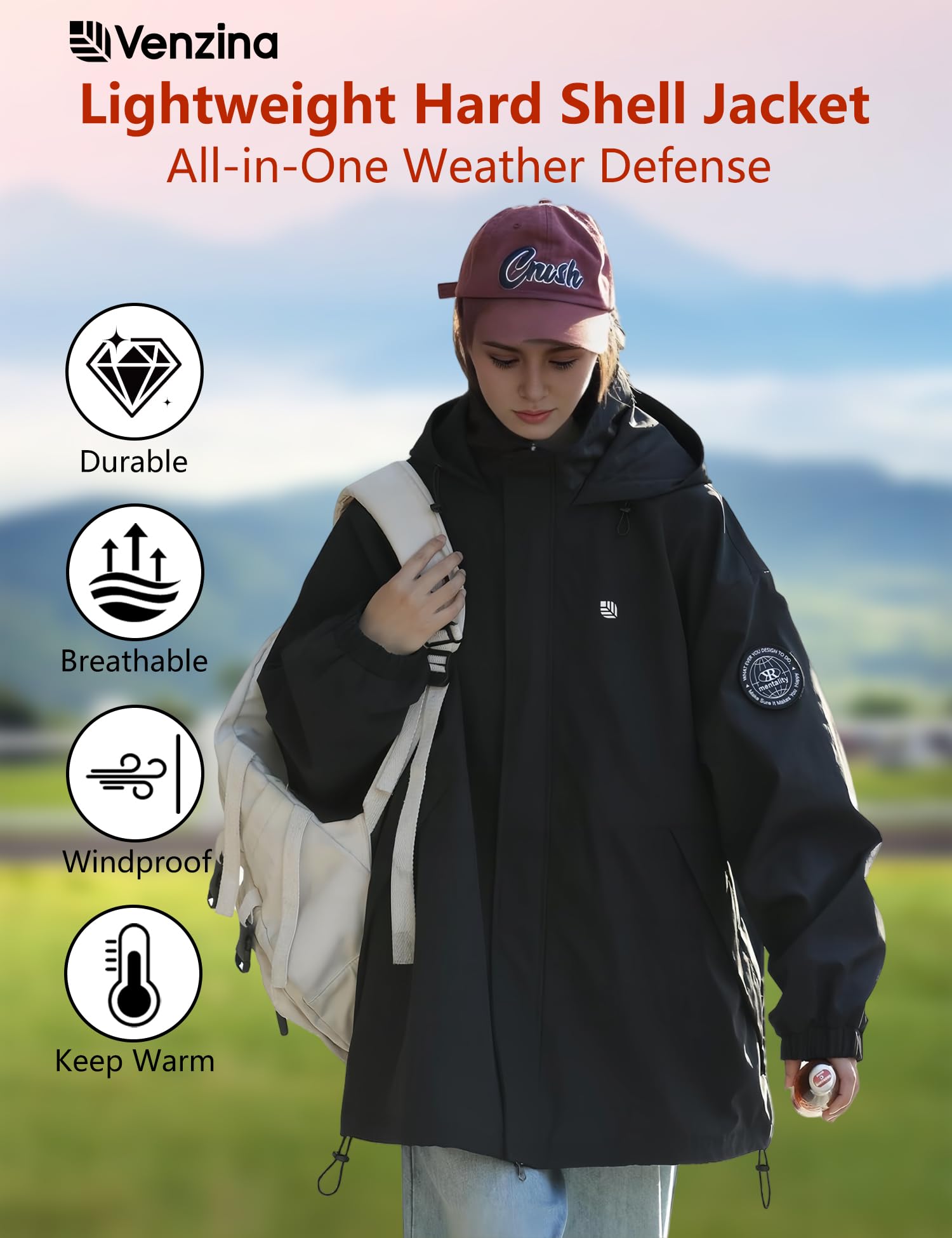 Venzina Women’s Softshell Jacket for Hiking and Commute with Waterproof Windproof Design | Black