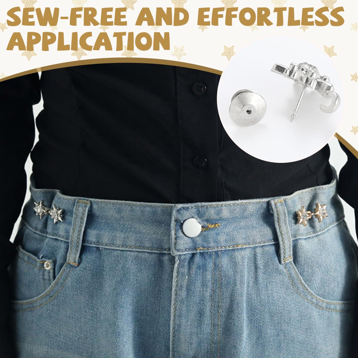 SANNIDHI Jeans Waist Adjusters for Women with Star Rhinestone Clips 4 Pairs Alloy Set | No Sew Fit Fix