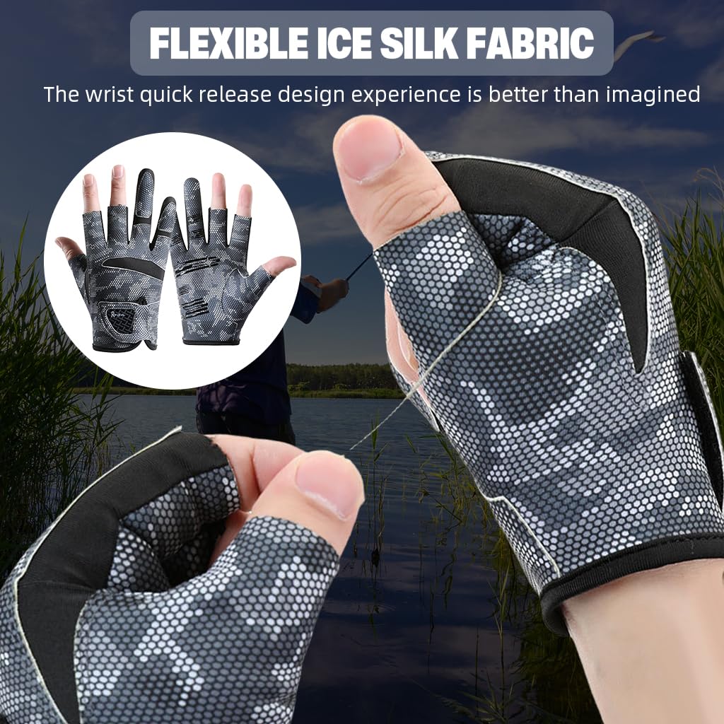 Proberos Fishing Gloves for Angling with UPF 50+ Sun Protection and 3 Open Fingers | Ice Silk Breathable Design