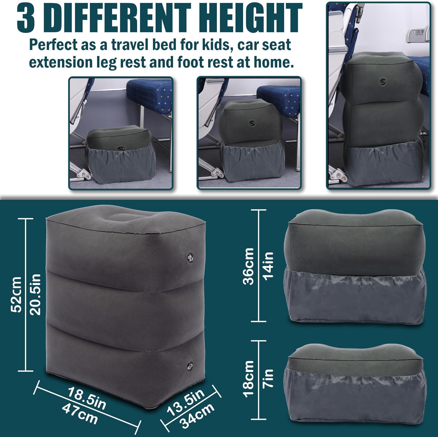 HANNEA Inflatable Travel Foot Rest Pillow for Flight and Office with Double Cap Valve | Eco PVC Flocking, 18.5×13.5×20.5 in