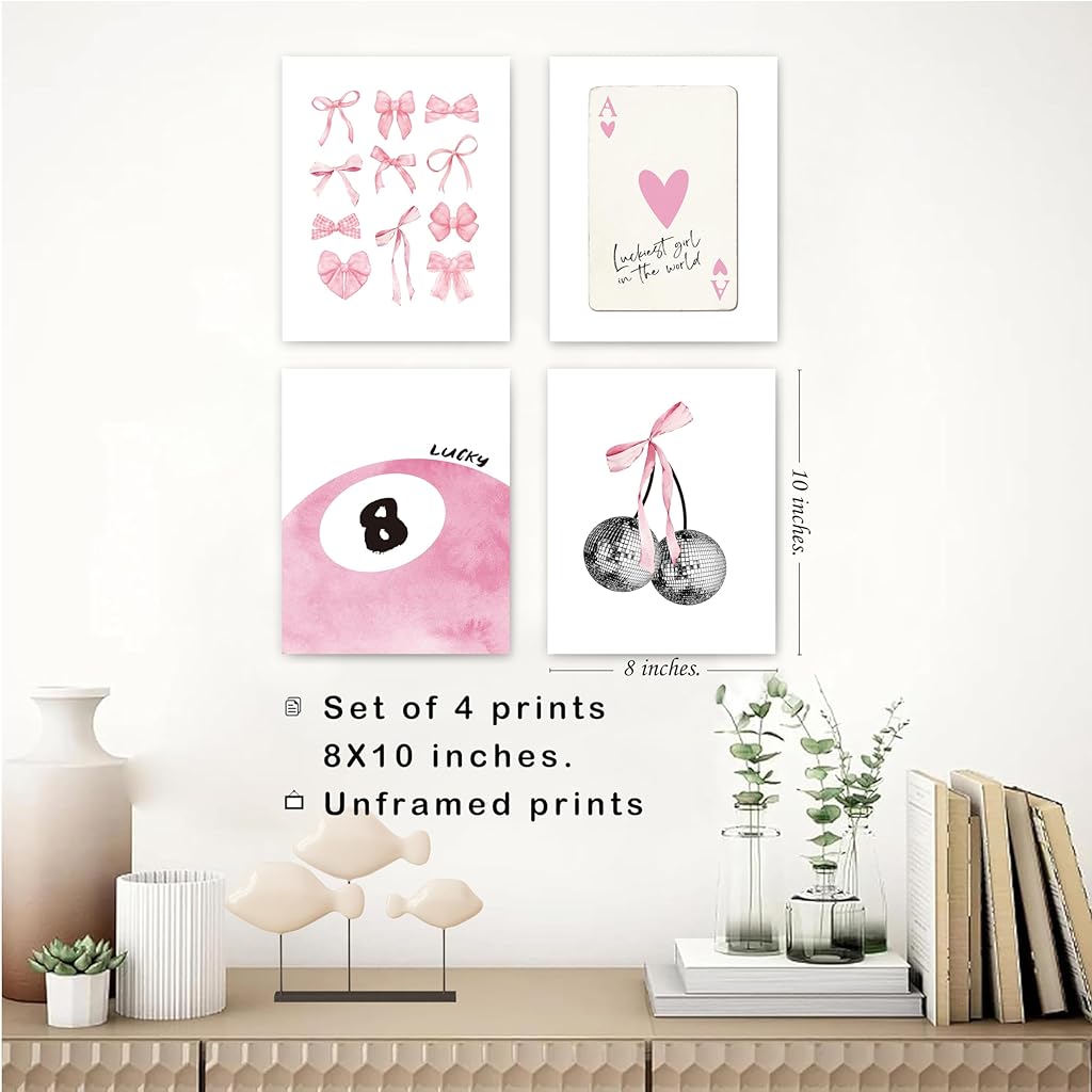 HASTHIP® Pink Coquette Trendy Preppy Wall Art Prints Set of 4,Coquette Room Decor Preppy Room Decor Aesthetic Disco 8 Ball Cherry Wall Posters for Girls Bedroom 8x10 Unframed