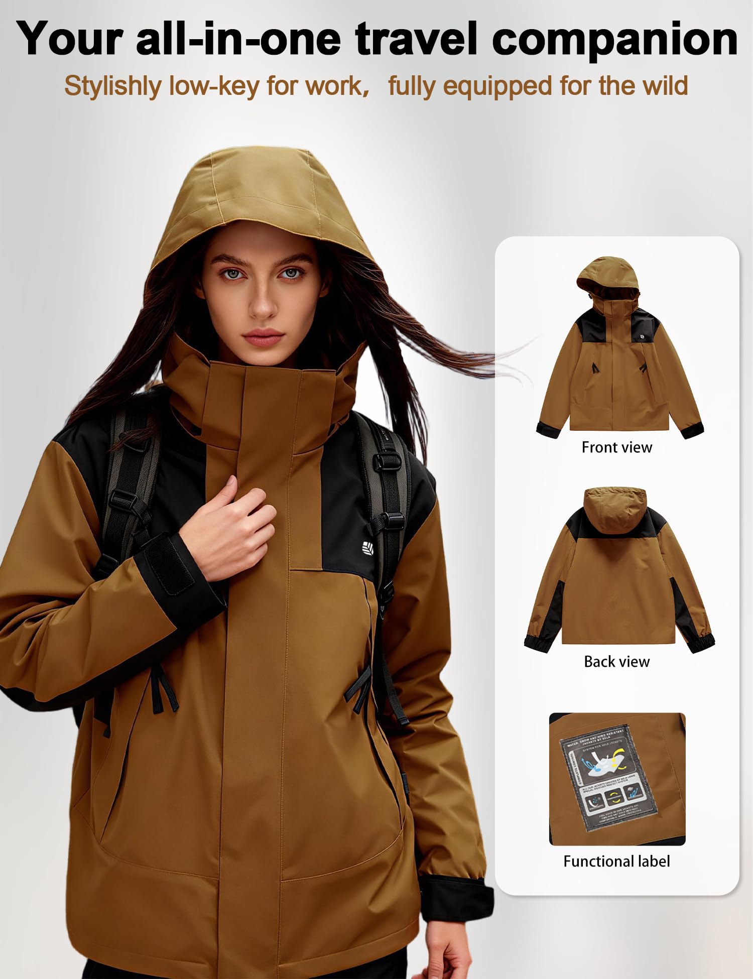 Venzina Women's Hiking Jacket for Windproof and Water Resistant Wear with Detachable Hood | Slim Fit Breathable Mesh Liner in Caramel