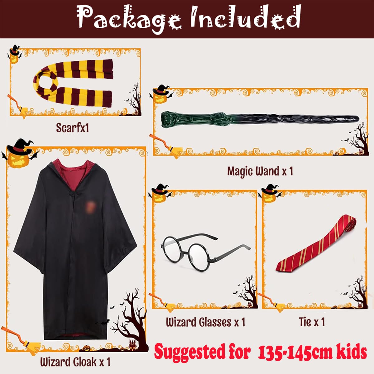 PATPAT Gryffindor Wizard Costume for Kids 135–145cm with Robe Wand Glasses Tie & Scarf