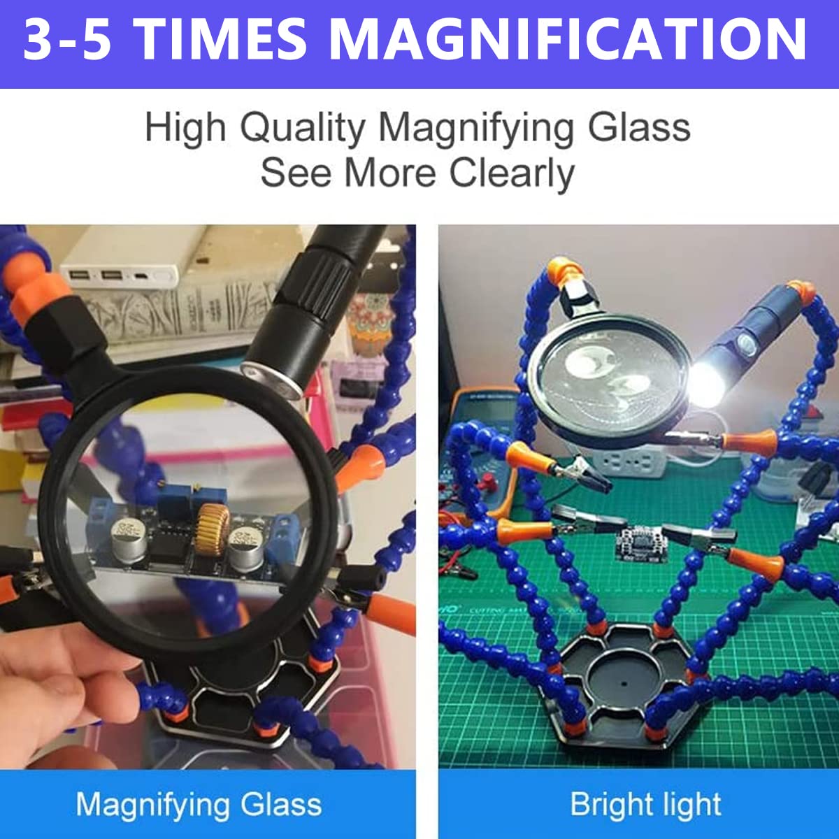 Serplex Helping Hand Soldering Vise for Assembly and Repair with 6 Flexible Arms & LED Magnifying Light