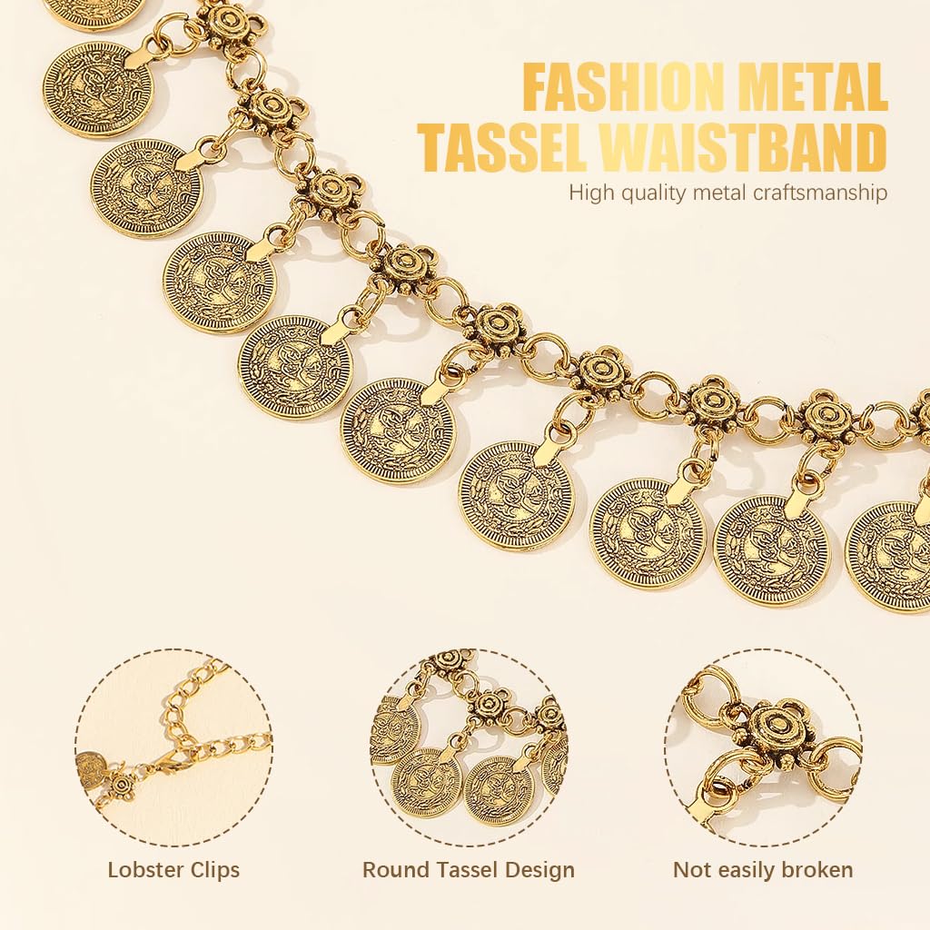 SANNIDHI Waist Chain for Women featuring Gold Coin Tassels and Adjustable 3 PCS Set | Boho Belly & Hip Belt for Sarees Dresses and Jeans