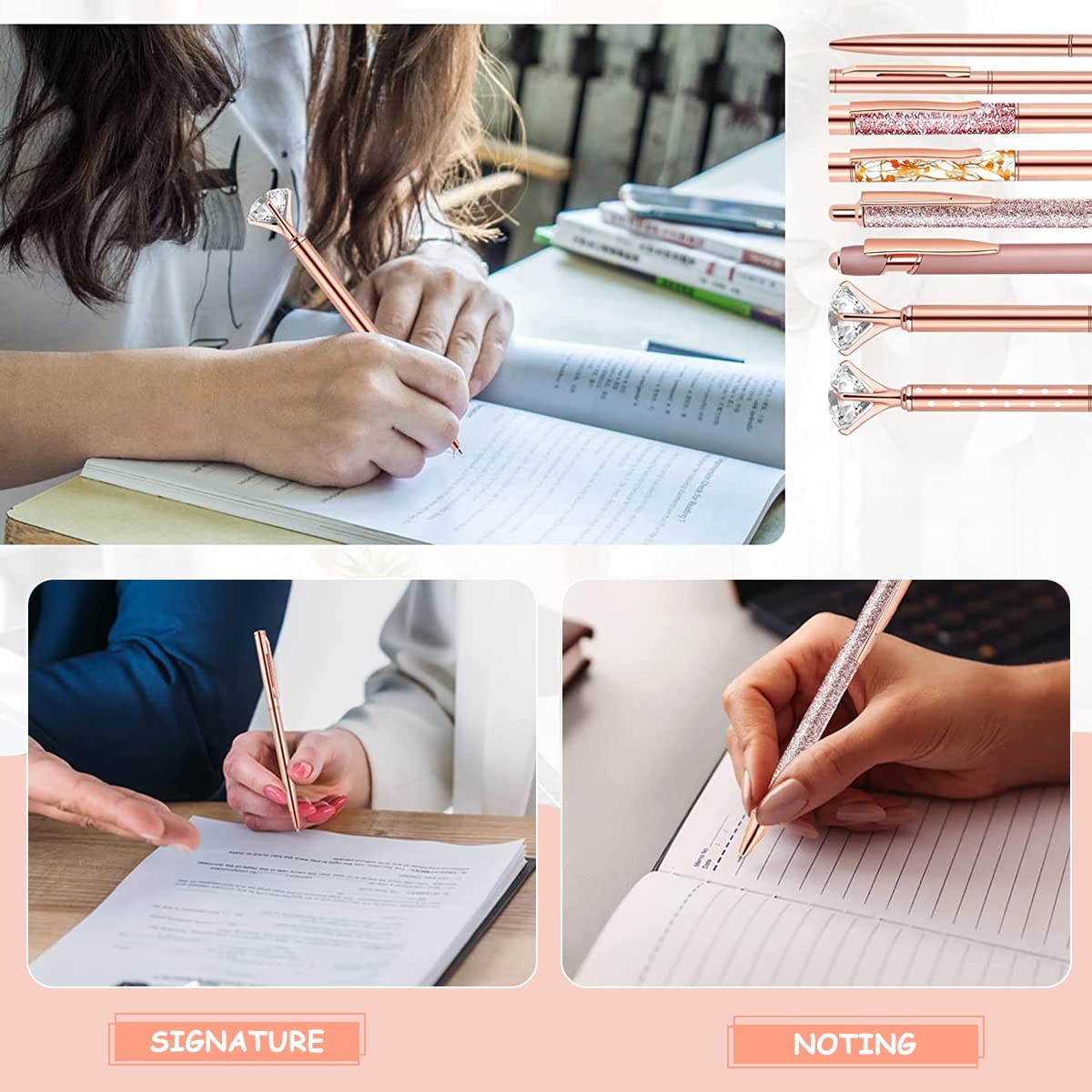 Climberty® 8 Pcs Rose Gold Ballpoint Pen Set, Metal Crystal Diamond Pen, Sand Glitter Pen for Journaling, Black Ink Crystal Glitter Fancy Pens Gifts for Women School Wedding Office Supplies