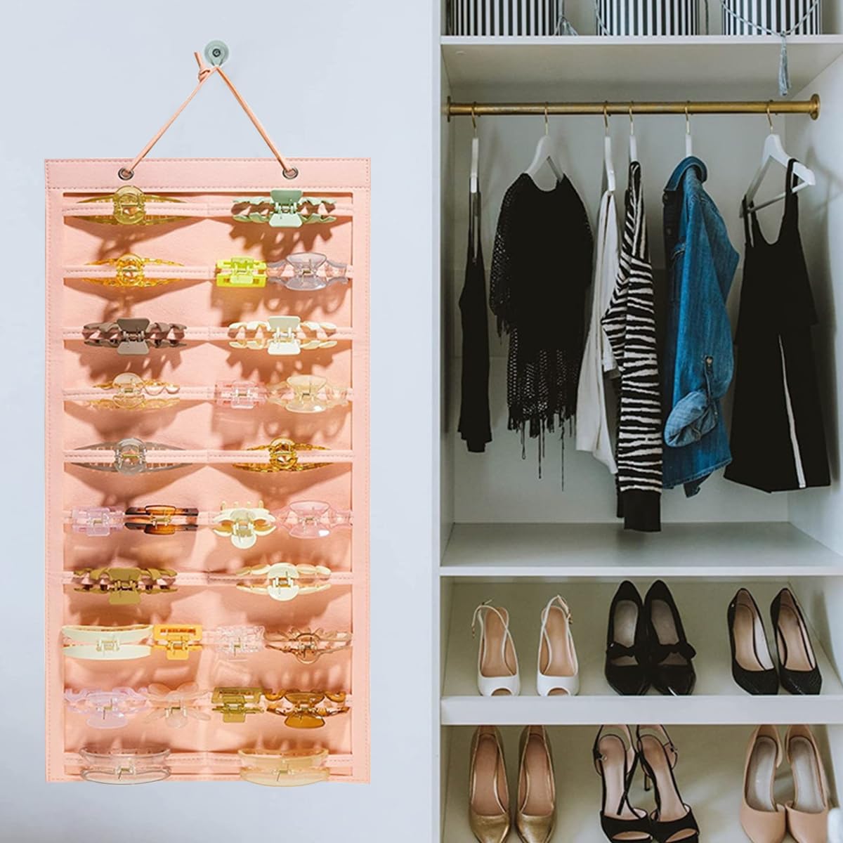 HASTHIP Hair Claw Holder Organizer for Wall Hanging with 20 Belts 35x80cm Felt Pink | For Women Girls Storage Display