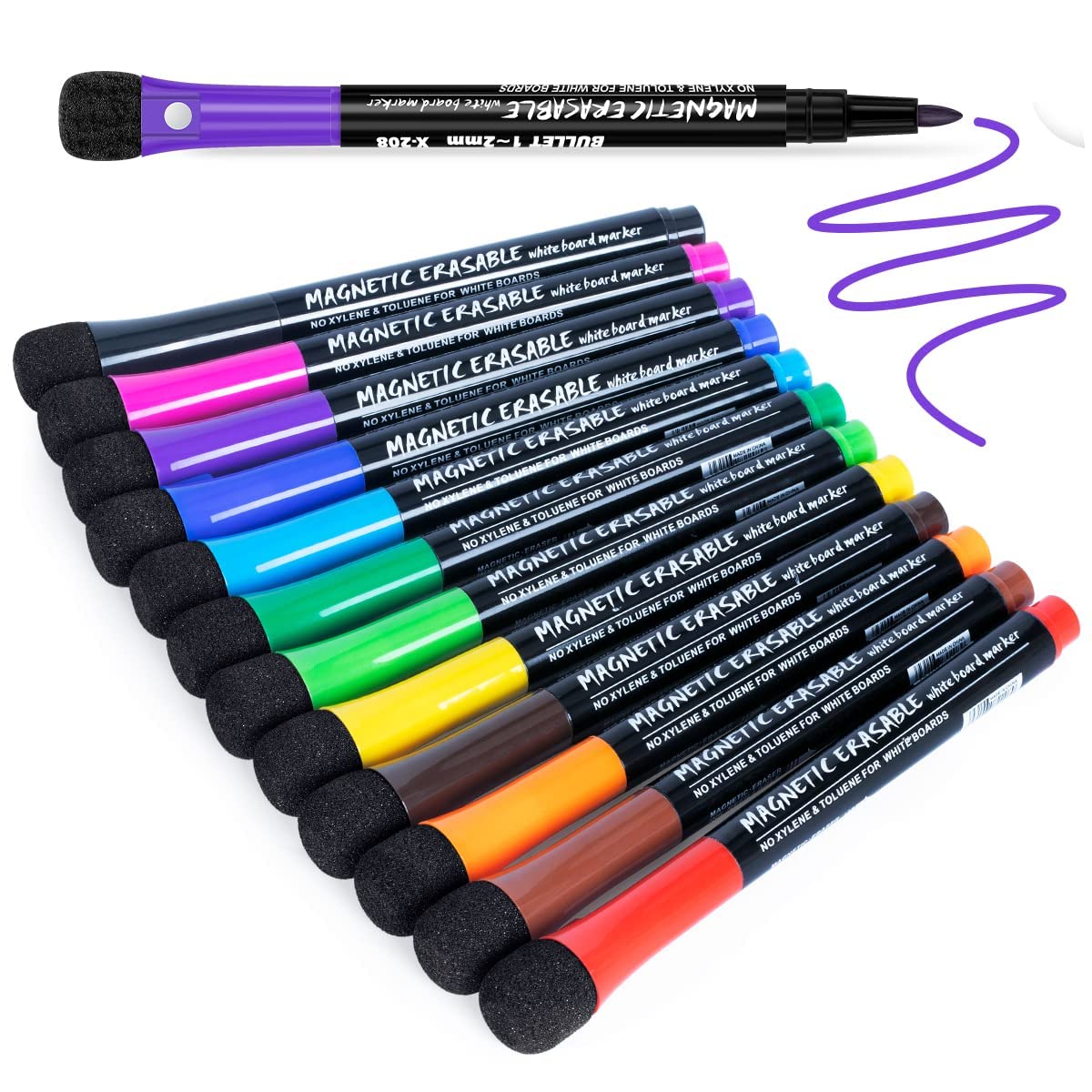 HASTHIP Whiteboard Markers for Home Office and School with 12 Colors and Magnetic Eraser Cap