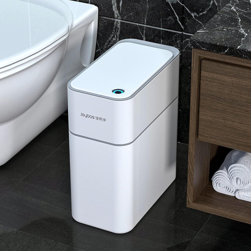 HASTHIP® Small Bathroom Trash Cans with Lids,Motion Sensor Bathroom Trash Can,Narrow Waterproof Plastic 3.5 Gallon Automatic Adsorption Touchless Garbage Can,White