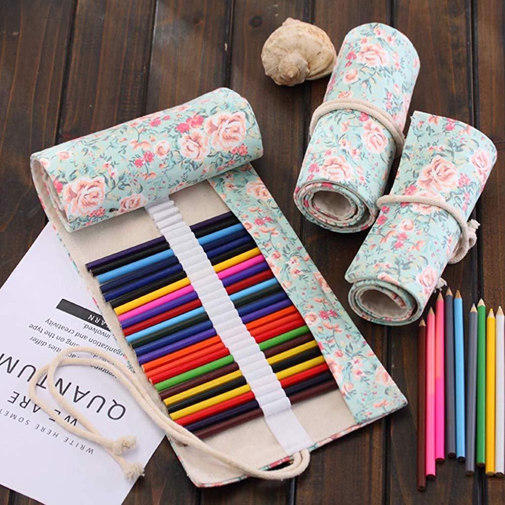 PATPAT® 48 Slots Canvas Colored Pencil Wrap Case for Adults Kids Holder Pen Paint Brush Storage Pouch Portable Artist Student Pink Floral Pattern Without Pencils 3PCS