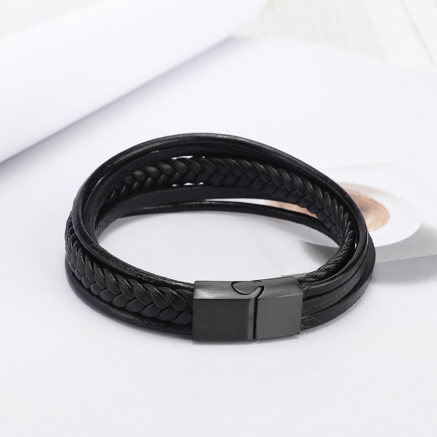 ZIBUYU Braided Leather Bracelet for Men Classic Multilayer Leather Hoop Bracelet Leather Bracelet with Alloy Clasp Fashion Piece Bracelet for Women Men Black Leather Hoop Bracelet