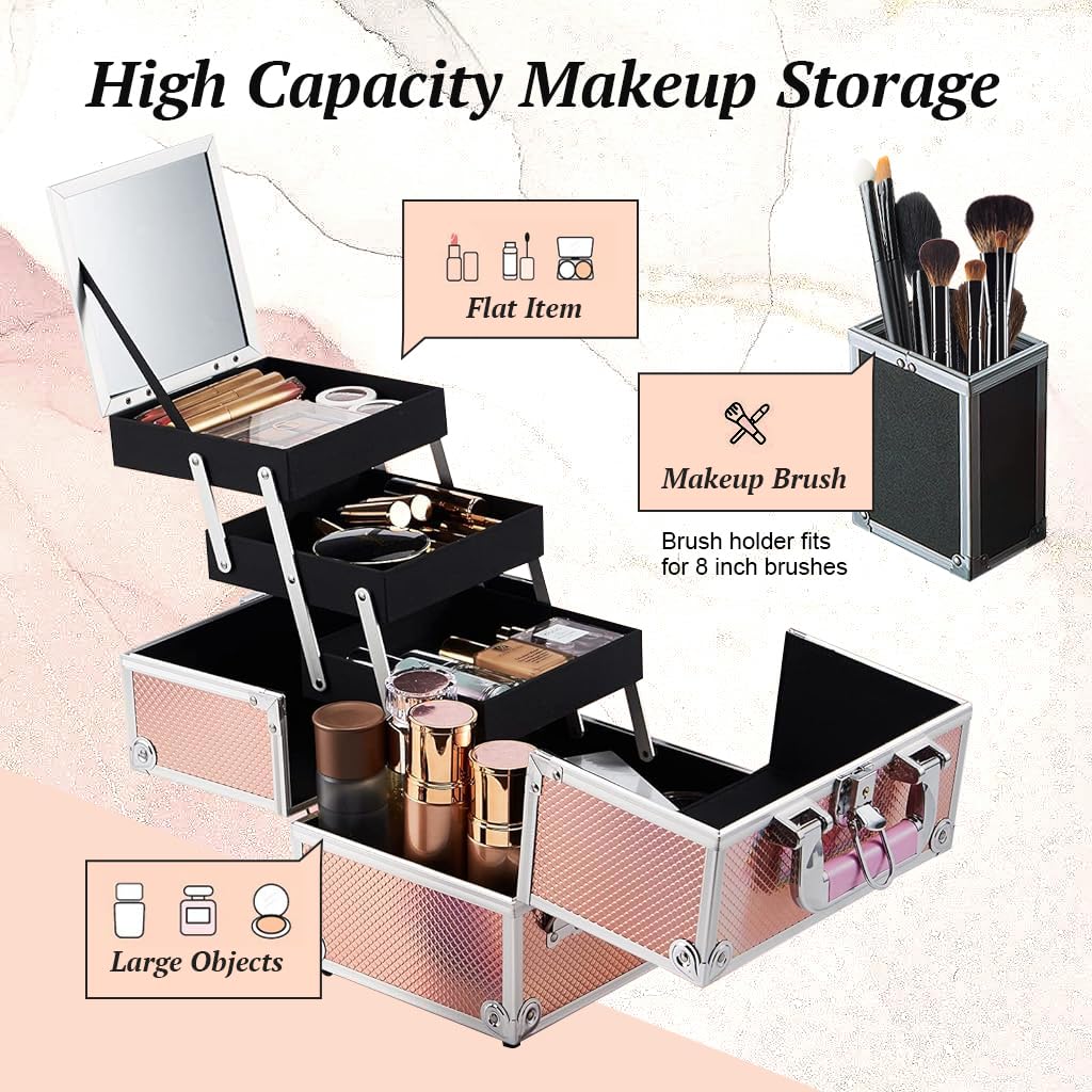 MAYCREATE® Portable Makeup Organizer Suitcase Aluminum Alloy Travel Suitcase Multi Compartment Stackable Drawers Design Make-up Artist Train Case with Makeup Mirror & Makeup Brush Holder