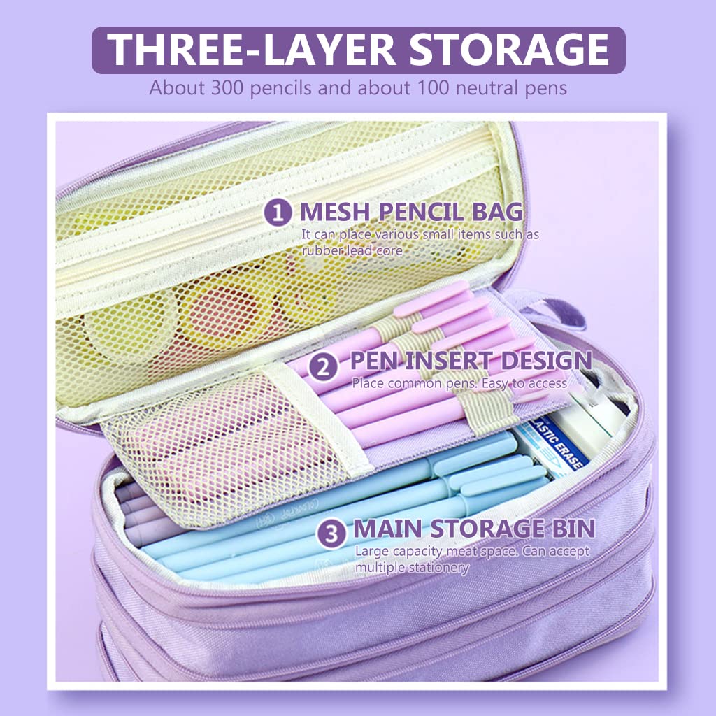 HASTHIP Pencil Case for Students with 3 Layer Foldable Design and Handle | Canvas Purple 22.5×9.5×11cm