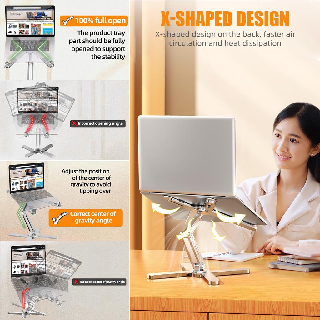 ZORBES Adjustable Laptop Stand for Desk with 360 Rotating Base and X-Shaped Metal Riser | Fits 8–16 in Laptops