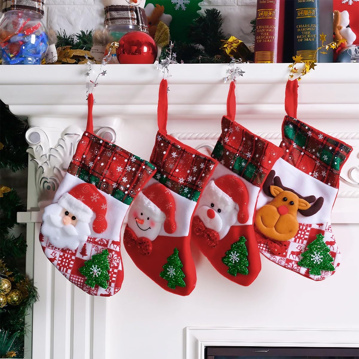 HASTHIP® 4pcs Red Christmas Stocking 9.8 inch Christmas Gift Stocking with 4 Designs Hanging Christmas Stockings Gift Christmas Stocking Christmas Stocking for Window, Christmas Tree, Door