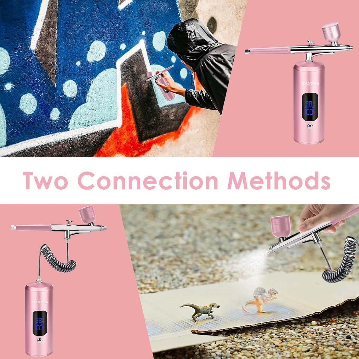 HANNEA Cordless Airbrush Kit for Painting and Makeup with 0.3mm Nozzle and LCD Display | Pink
