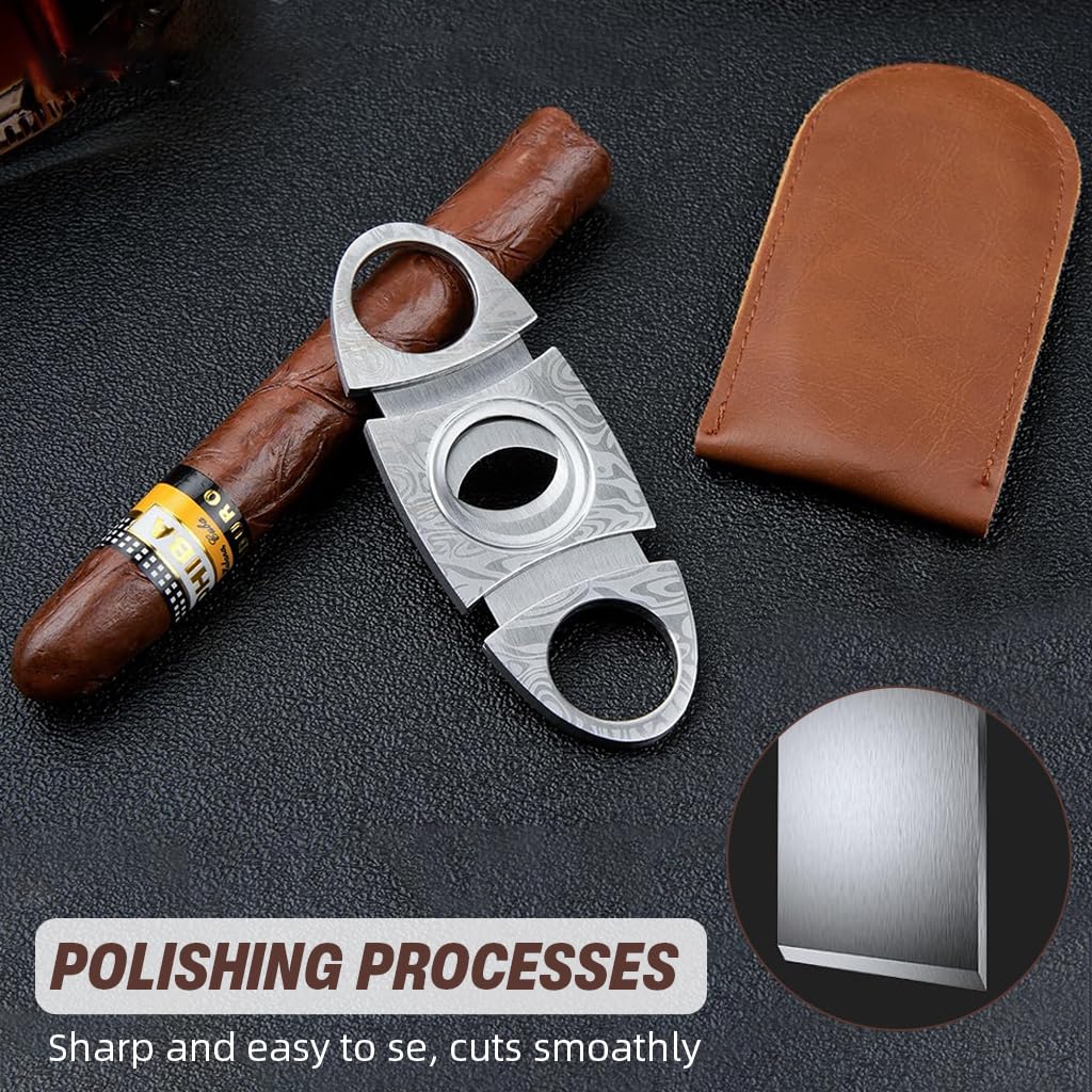 HASTHIP Cigar Cutter with Double Stainless Steel Blades and PU Pouch | Silver Etched Design