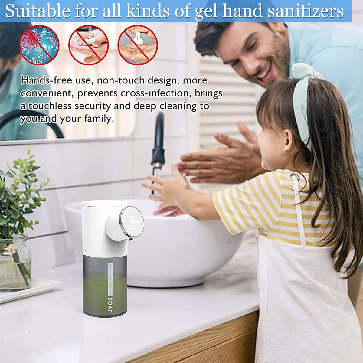 HASTHIP Soap Dispenser for Bathroom 1500mAh Automatic Touchless Soap Dispenser 320ml Liquid Soap Dispenser for Kitchen Sink LCD Temperature & Battery Display Sanitizer Gel Foaming Handwash Dispenser