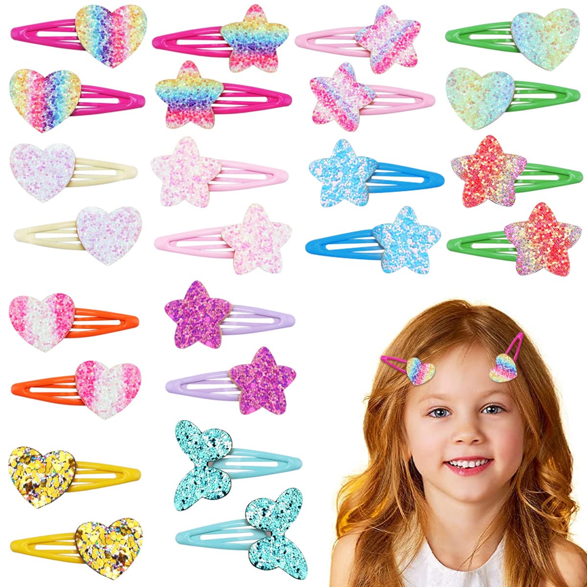 PALAY® 24pcs Hair Clips for Girls Kids, Sparkle Glitter Sequins Metal Snap Hair Pins Barrettes Star/Heart/Butterfly Shaped Hair Accessories for Baby Girls Gift Set