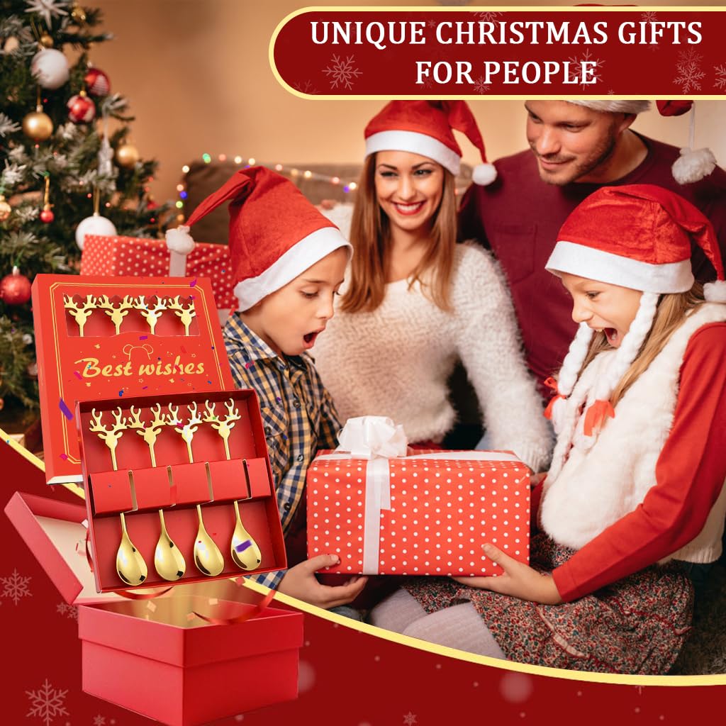 HASTHIP Christmas Spoon Set for Coffee and Dessert with Elk Antler Handles | 4-Piece Golden Stainless Steel Gift