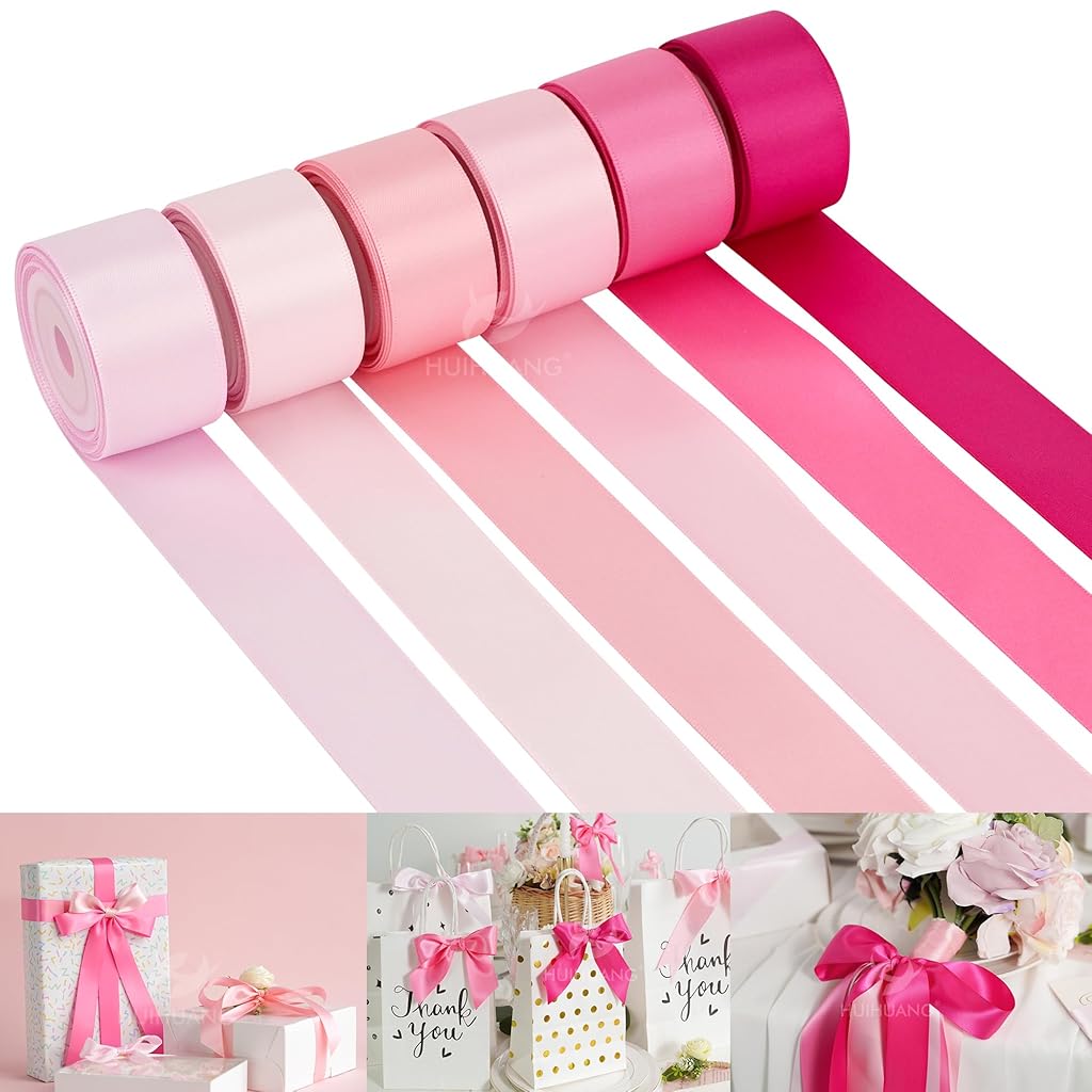 PATPAT® 6 Rolls Satin Pink Ribbons for Gift Package Gift Wrapping Ribbon Bow Customized Cuttable Decorative Ribbon for DIY Crafts, Wedding Token Gift, Anniversary Gift, 2.5cm x 25 Yard Per Roll