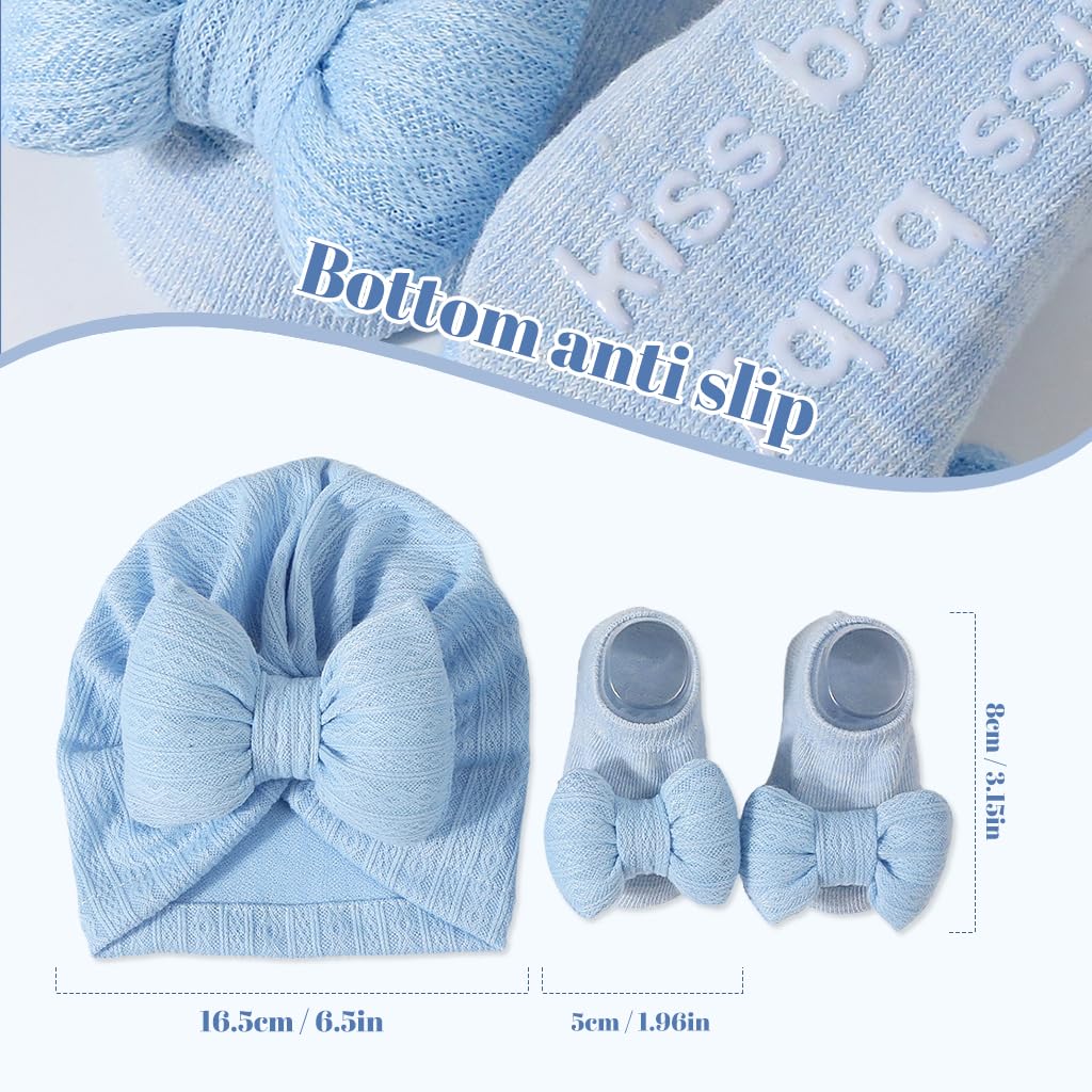 SNOWIE SOFT® Soft Fashion Knited Baby Cap with Baby Socks Set 0 to 12 Months Bow Turban Cap for Baby Girl, Stretchy Knitting Cap Socks Newborn Kids Cap for Girls Boys Blue