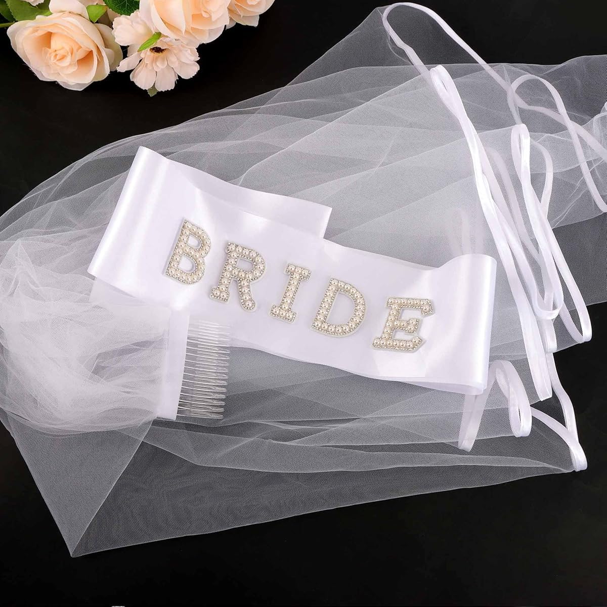 SANNIDHI Wedding Veil for Bride with Lace Veil and Rhinestone BRIDE Sash | Bridal Party Accessory