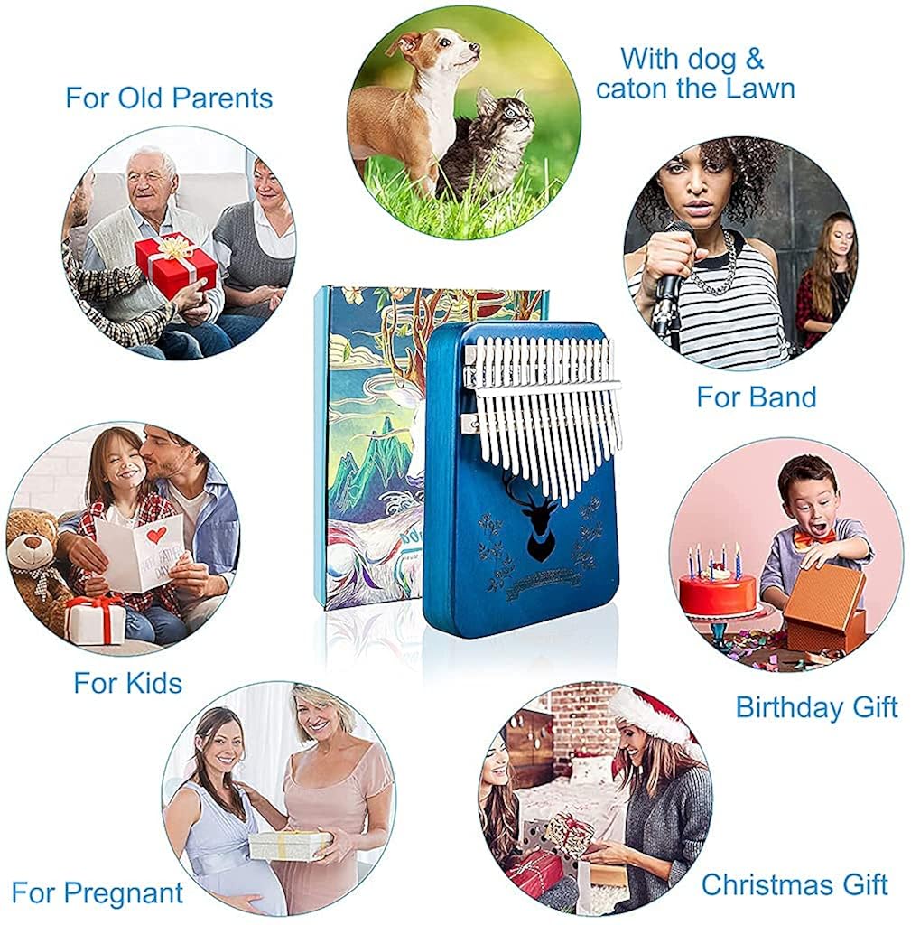 ELEPHANTBOAT® Blue Deer Kalimba Mbira Thumb Piano Musical Instrument with Learning Book Tune Hammer Cloth Bag Sticker Bilingual Instruction Finger Covers Christmas Gifts for Woman Kids 2PCS