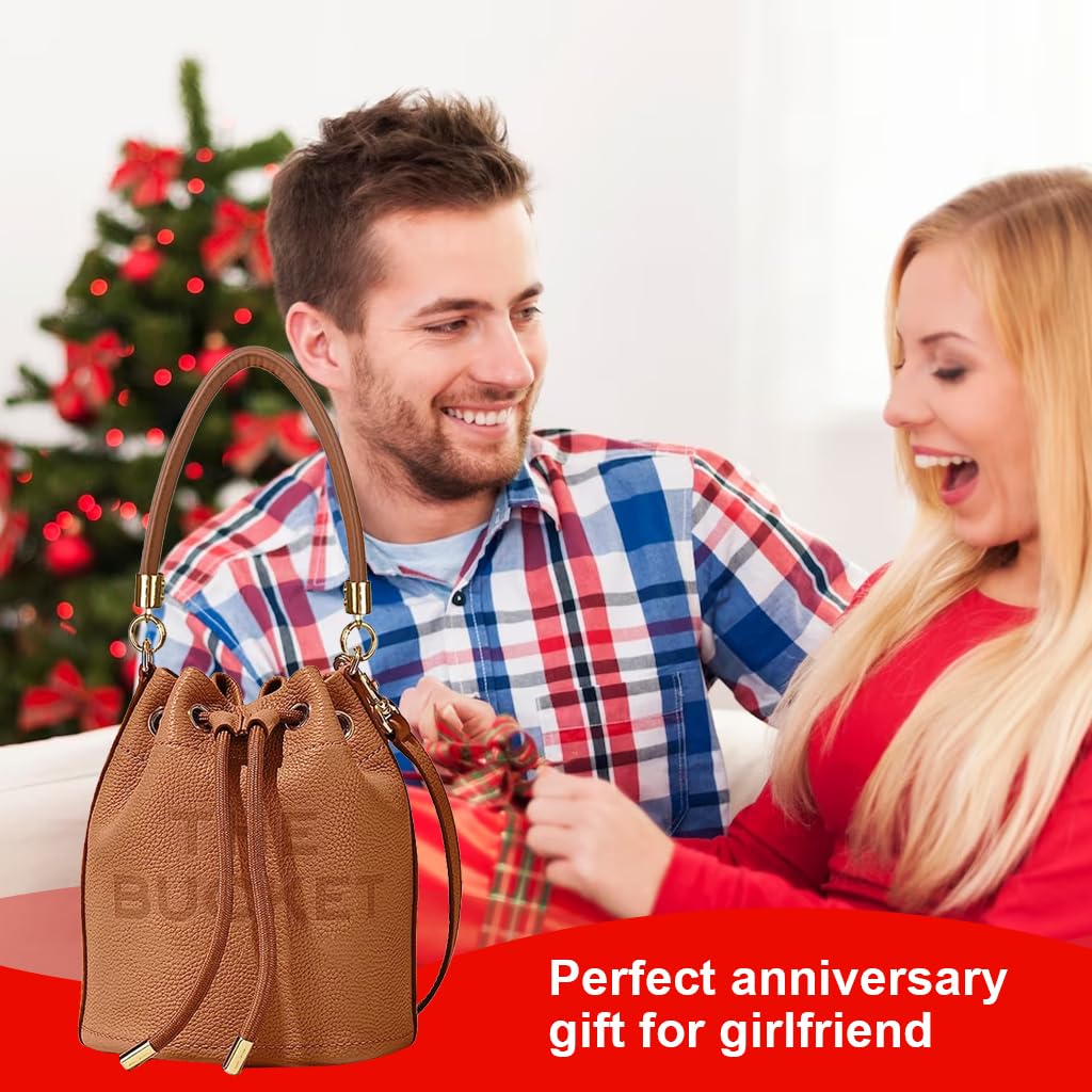 PALAY Bucket Bag for Women featuring 18×18×20cm size with detachable 120cm strap | Brown PU crossbody handbag