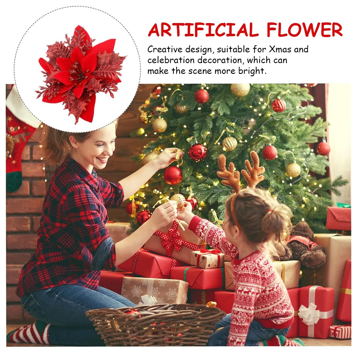 Venzina® 10 Pcs Christmas Tree Decorations Red Glitter Poinsettias Ornament Artificial Poinsettia Christmas Tree Decorations Artificial Christmas Flowers