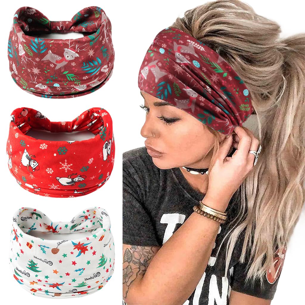 MAYCREATE Wide Hair Bands for Women with 3 Festive Christmas Designs | Soft Stretchy Fabric