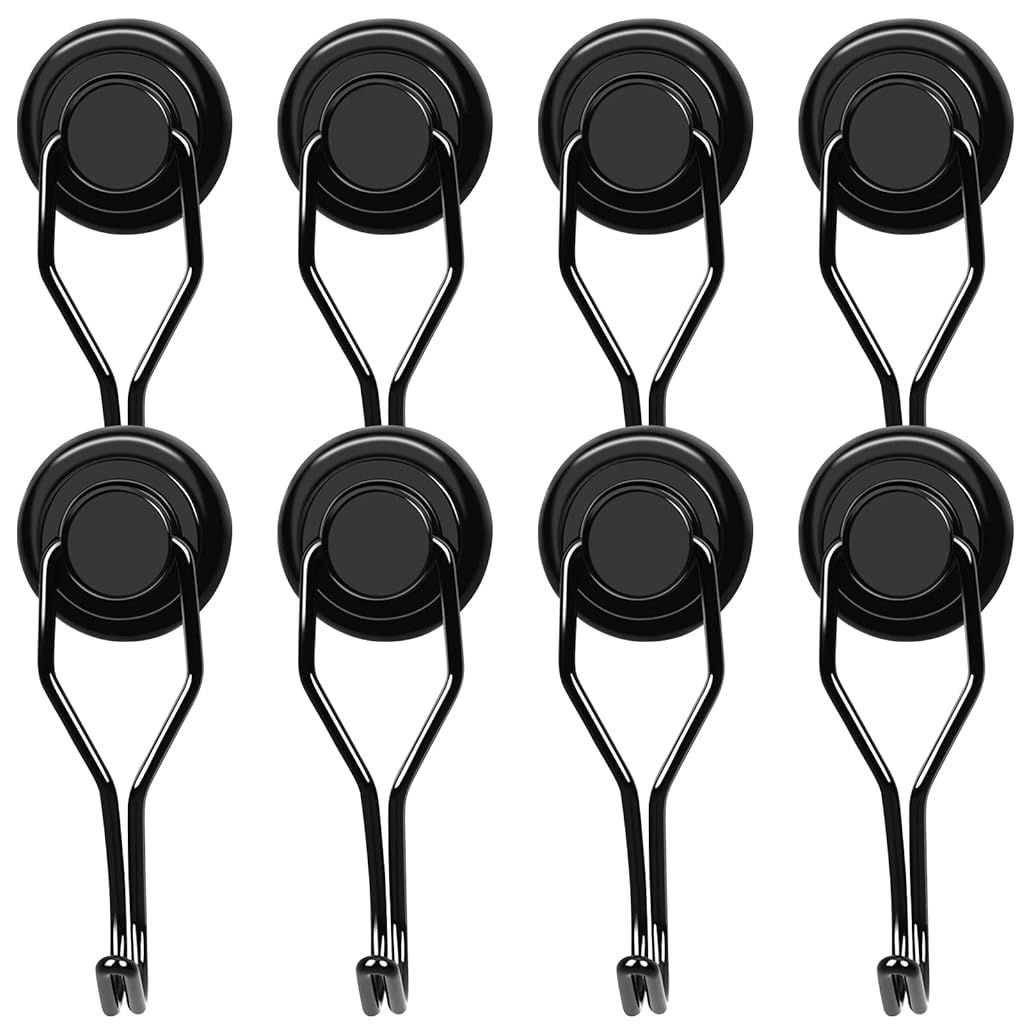 ELEPHANTBOAT® Black 8Pcs of 48 lbs Heavy Duty, Load Bearing Neodymium Magnetic Strong Swivel Hooks for Hanging Grill, Clothes, Refrigerator, Classroom, Kitchen