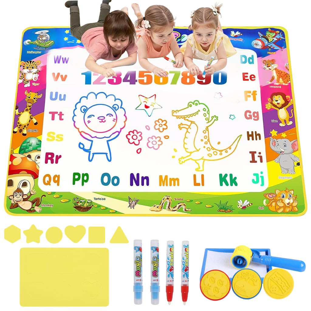 PATPAT Magic Water Doodle Mat for Kids with Water Pens Roller Stamps Templates 39.37 x 31.5 in