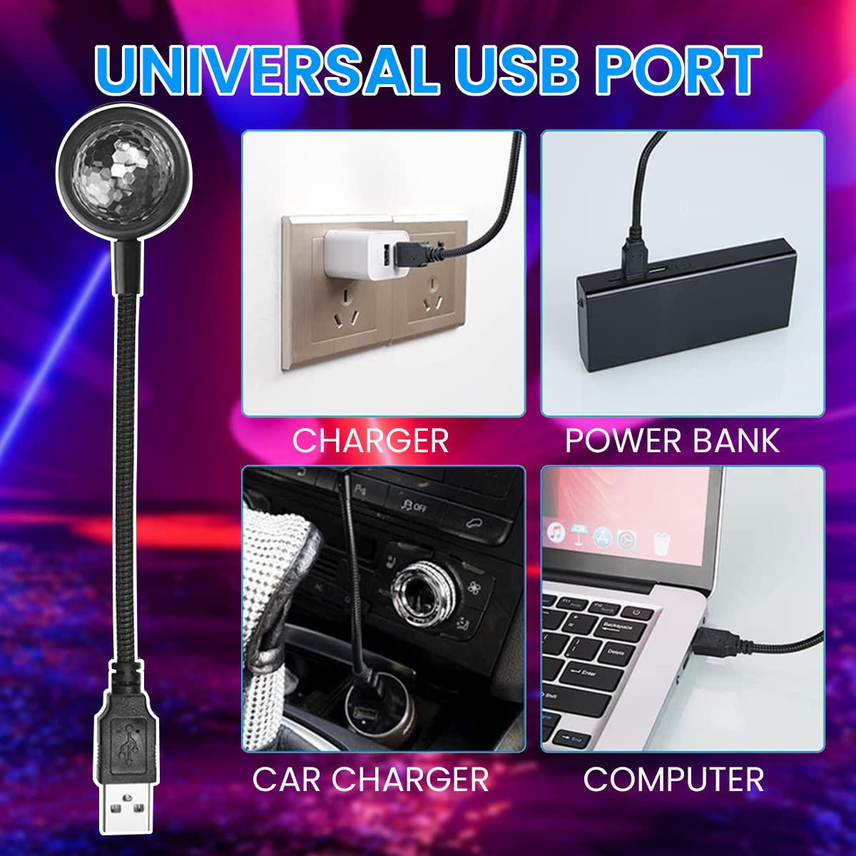 LED Car Atmosphere Light for Interior and Party Use with 9 Lighting Modes and 360° Rotation | USB Plug and Play RGB Mini Lamp