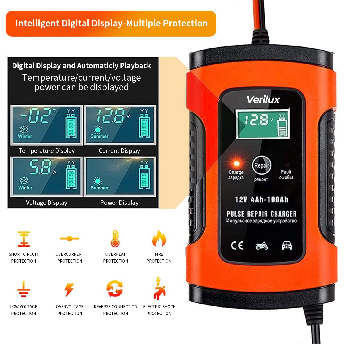 Verilux Battery Charger 5A 12V for Car and Motorcycle featuring LED Display | Pulse Repair