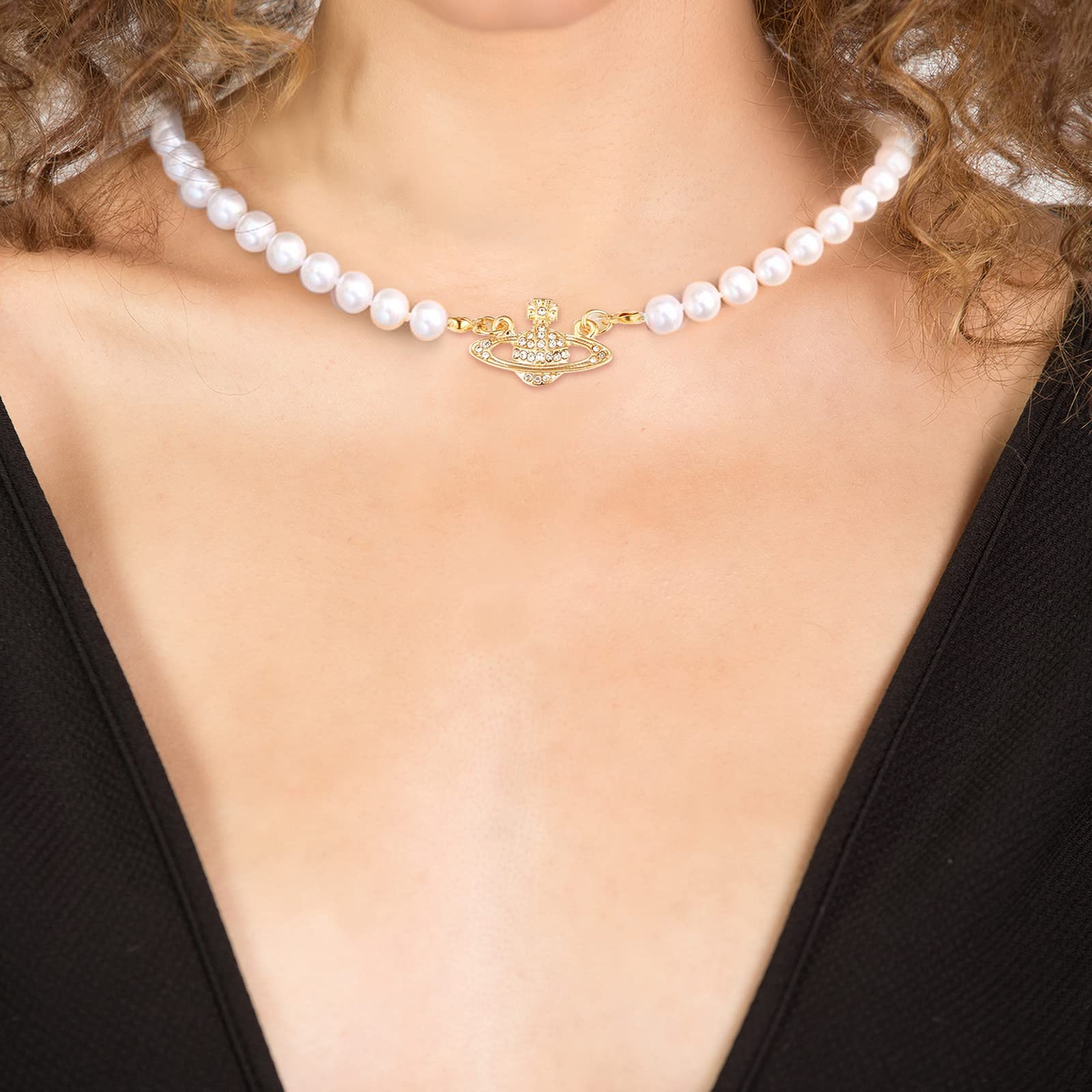 SANNIDHI Pearl Necklace for Women featuring Rhinestone Saturn Design 15.7+2.7 in Adjustable Chain | 2 Pcs White Choker Set