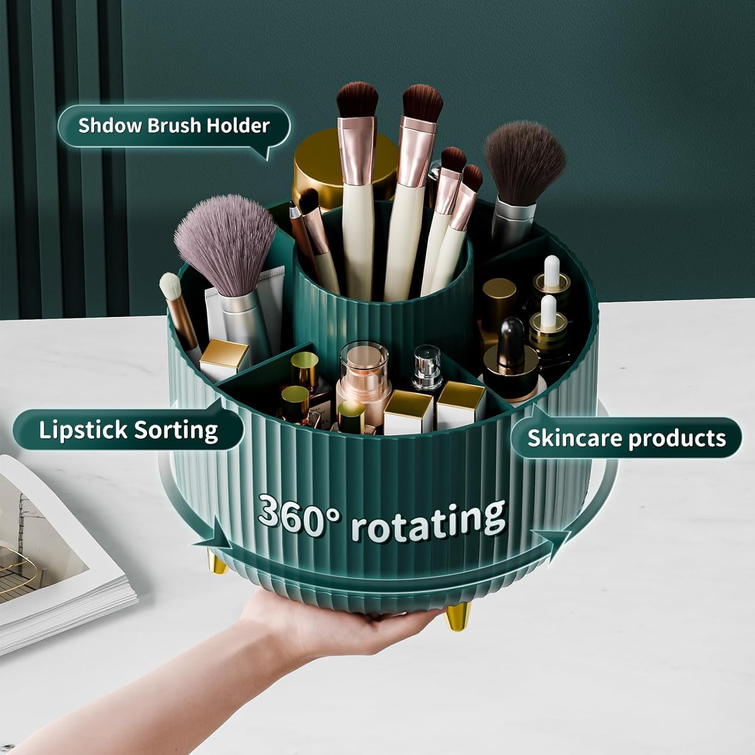 Zibuyu Makeup Brush Organizer for Desk and Vanity featuring 360 Degree Rotating 5 Compartments 15x15x12cm Green