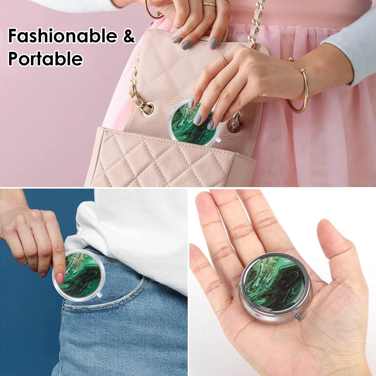 HANNEA Pill Box for Travel and Daily Use with 3 Compartments and Button Closure | Metal Case with Built In Mirror and Resin Art Lid, Green
