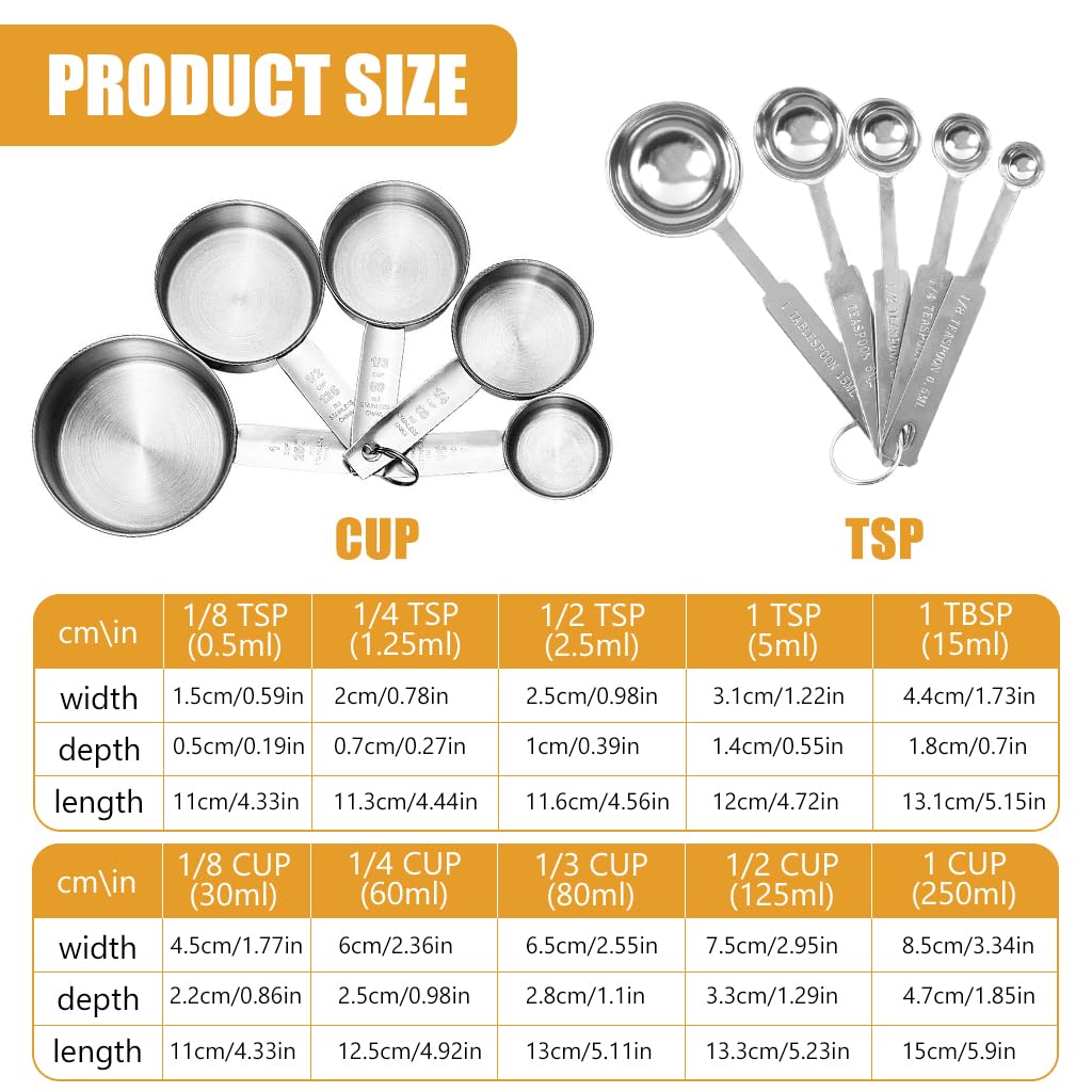 Supvox® 10Pcs Measuring Cups and Spoons Set - Stainless Steel Measuring Cup with Scales of 2 Units, Dry & Wet Food Measuring Cup for Cooking and Baking, Ideal for Chefs & Home Cooks (Silver)