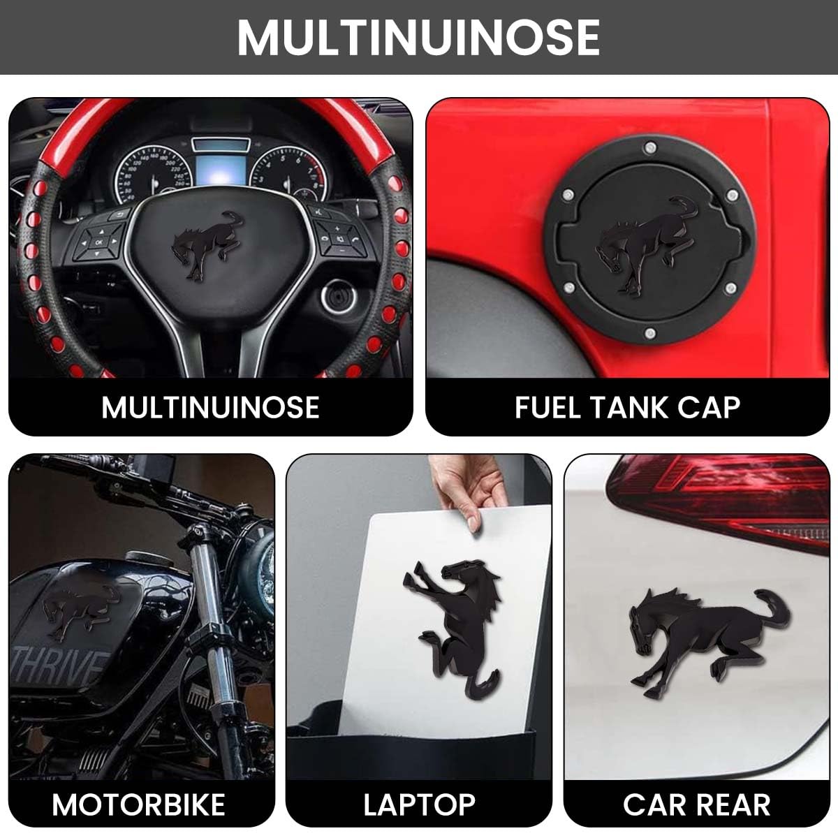 ZIBUYU 3D Black Horse Emblem Car Sticker for Doors and SUVs with Waterproof ABS | Easy Peel‑and‑Stick Universal Auto Decoration