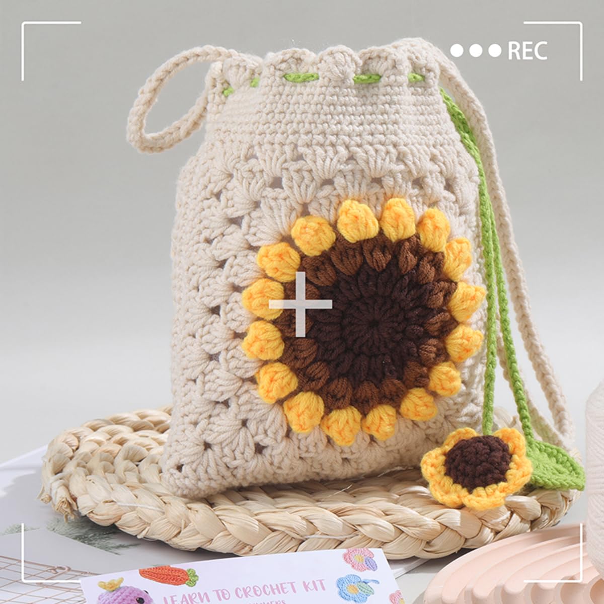 PATPAT Crochet Phone Bag Material Kit for Beginners with Yarn and Tools | Beige Sunflower DIY Gift