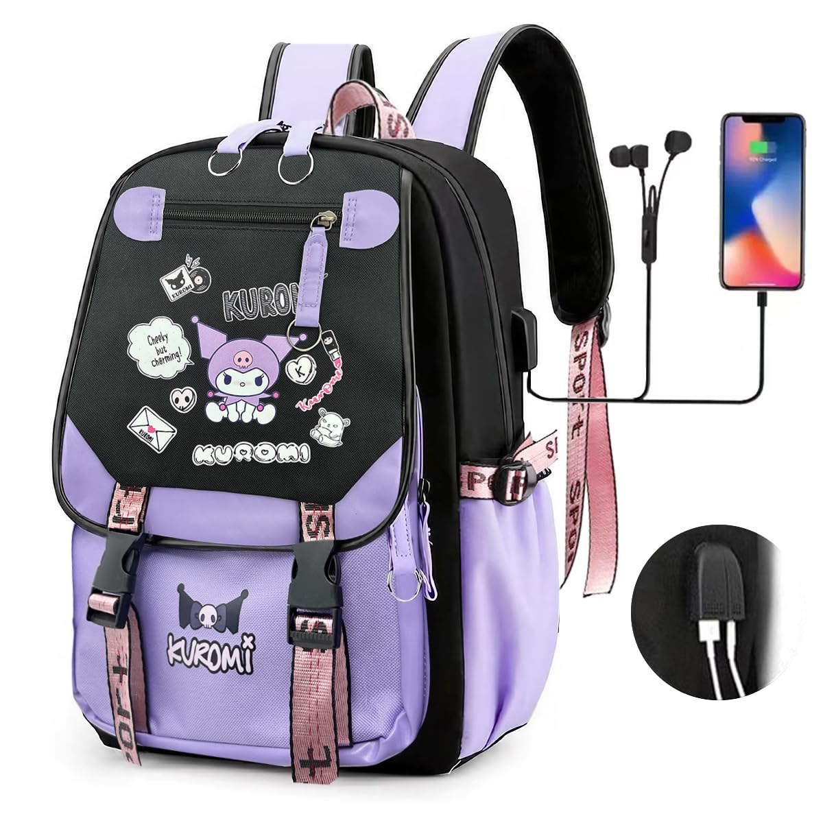 PALAY Kuromi School Backpack with 17 in Large Capacity Compartments for Kids 6–12 | Multicolor