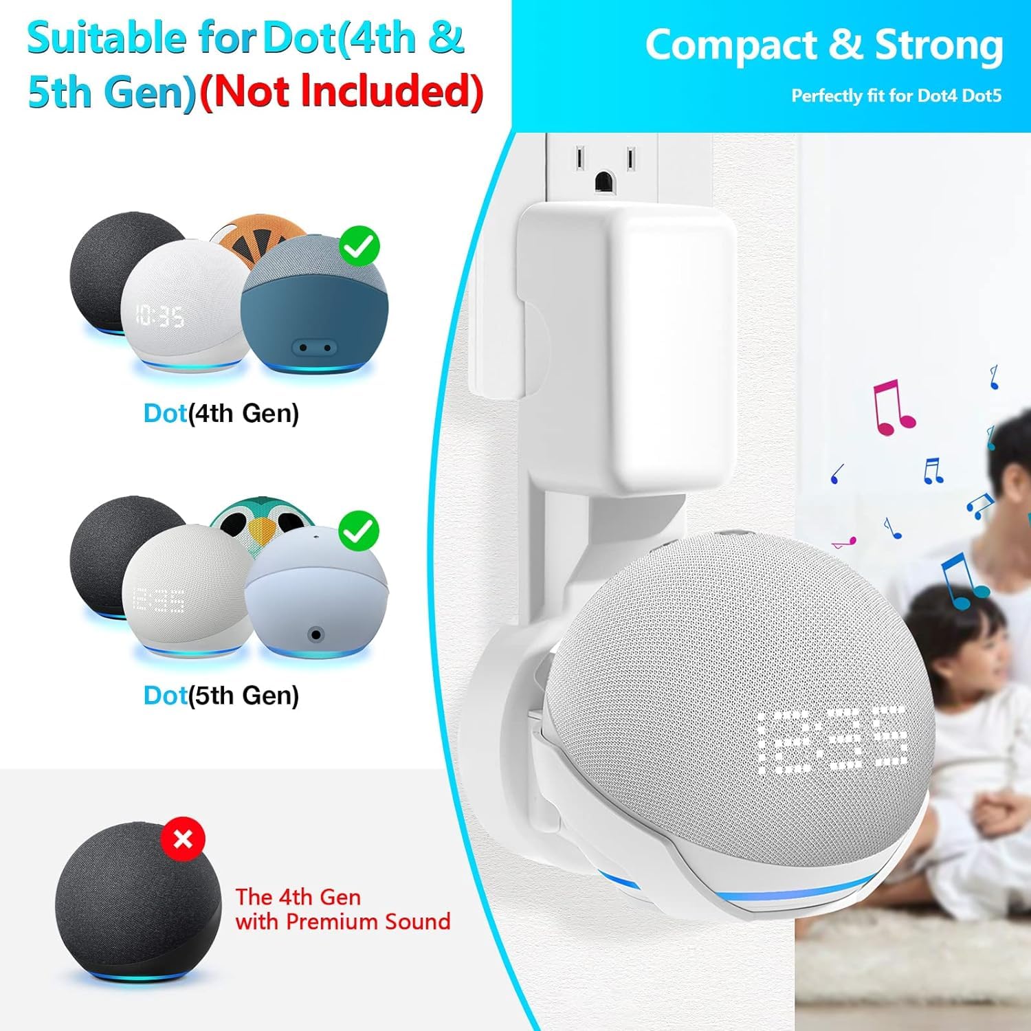 ZORBES Wall Adapter Holder for Echo Dot 4th and 5th Gen Smart Speaker Accessories with Built‑in Plug and Cable Management | 3PCS Set