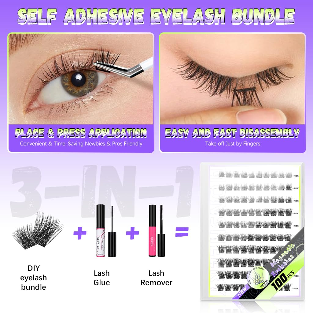 MAYCREATE Self Adhesive Eyelash Clusters 100 pcs with Pre Glued Strips for Natural Look